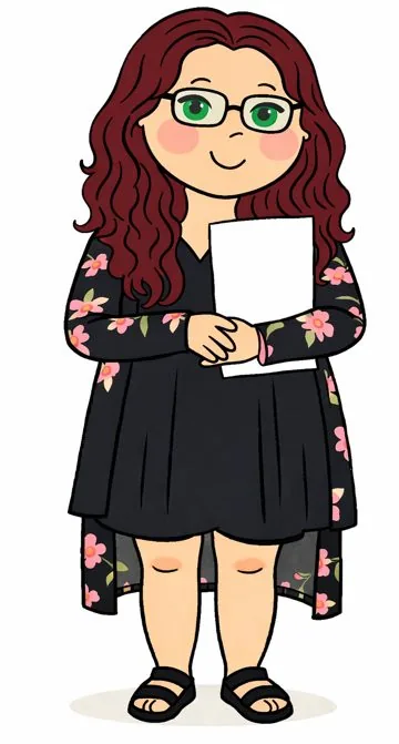 Caricatura de Liseth con anteojos, pelo ondulado y vestido negro con flores