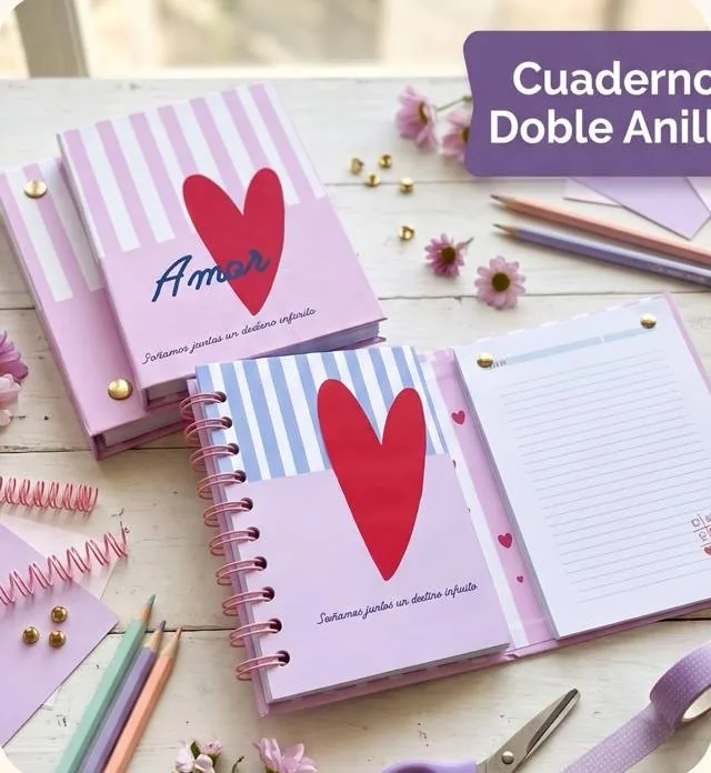 Cuadernos de doble anilla con tapas rosadas y corazón